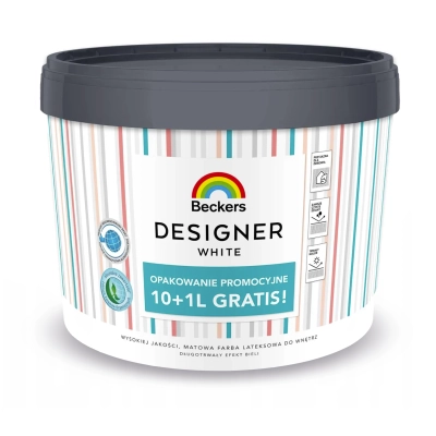 Farba do ścian i sufitów, lateksowa BECKERS DESIGNER WHITE, 11L (10L + 1L GRATIS)