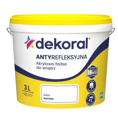 Farba Dekoral Antyrefleksyjna akrylowa do wnętrz, biały mat, 3L